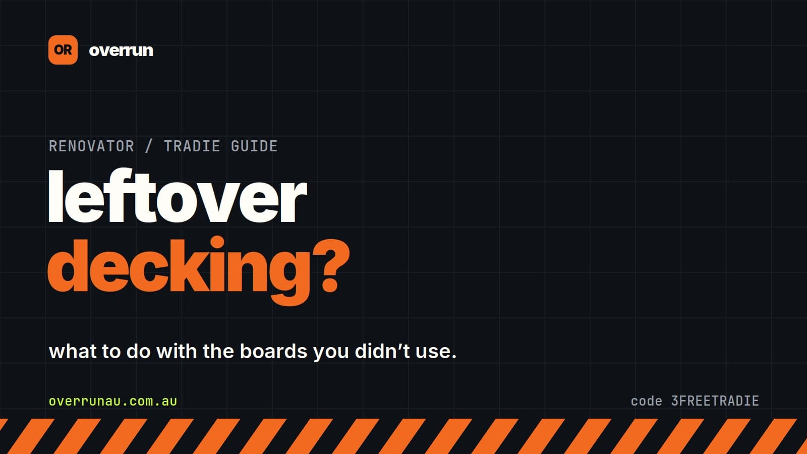 Stacked leftover decking boards on a near-black background with Overrun branding