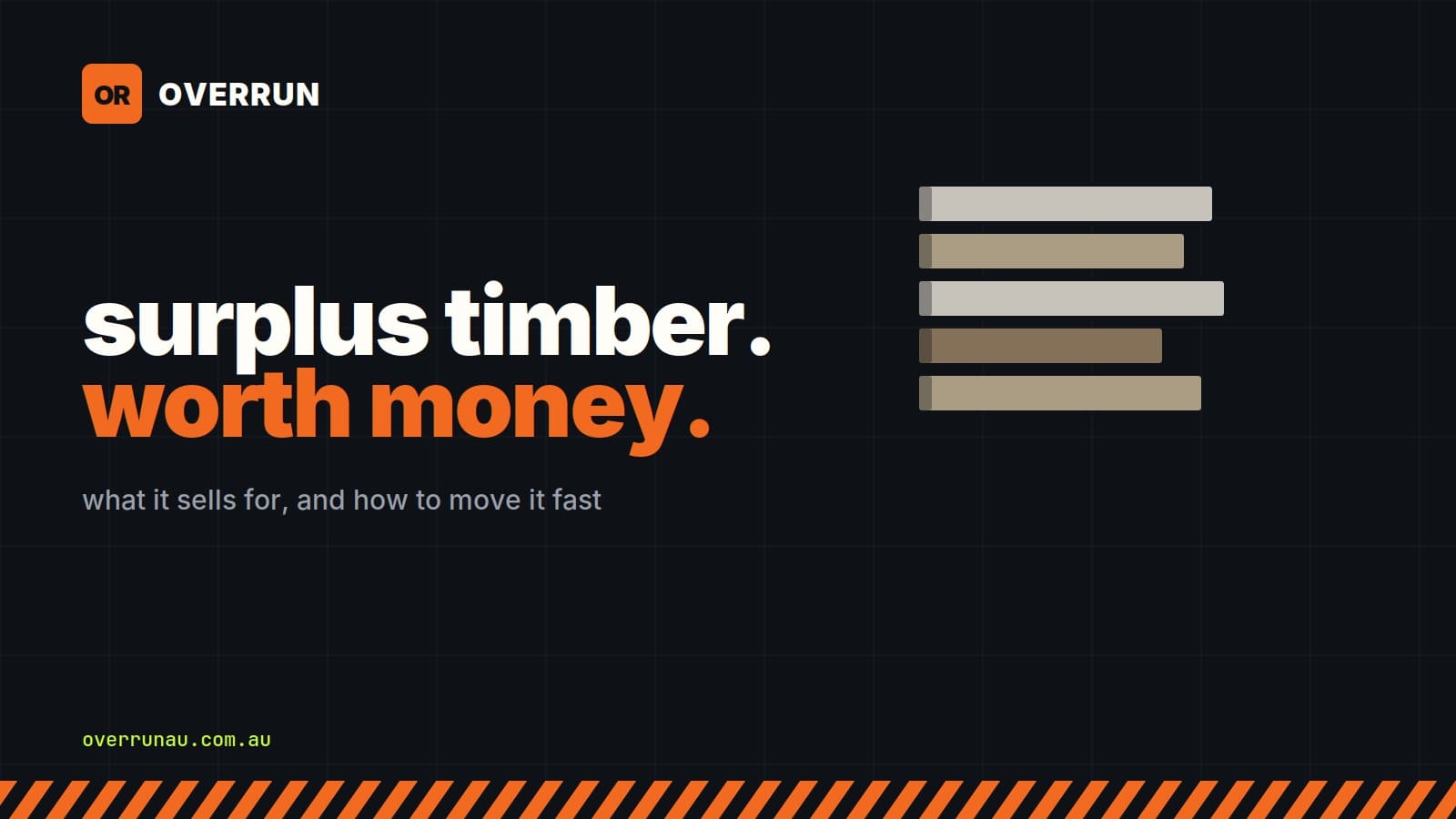 Overrun title card reading "surplus timber, worth money — what it sells for, and how to move it fast", beside a stack of timber lengths