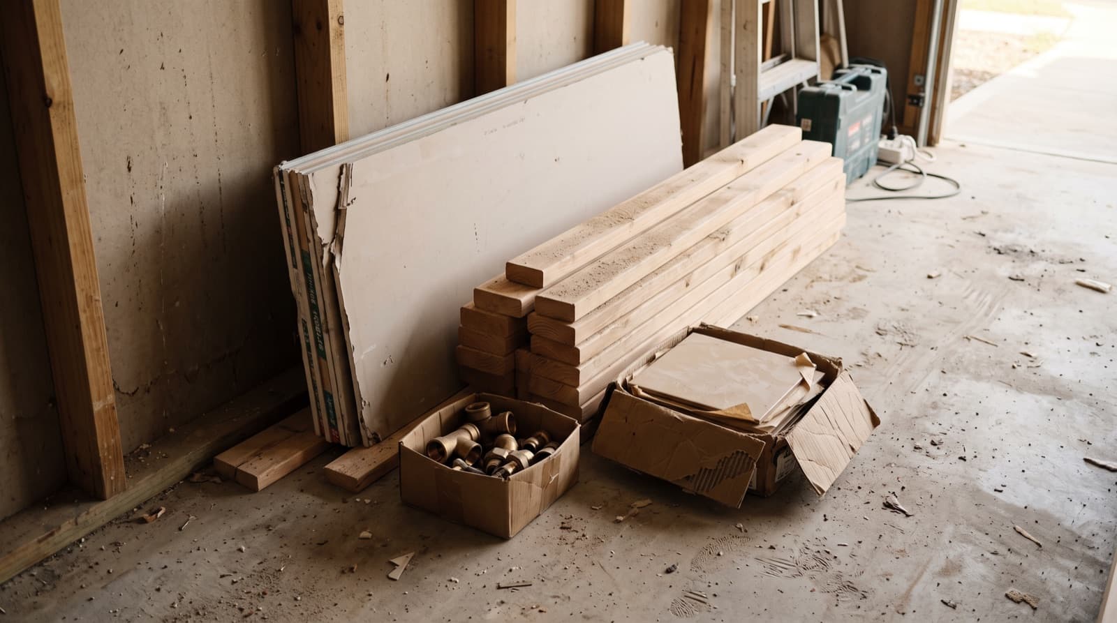 Leftover plasterboard, pine, tiles and brass fittings stacked in the corner of a garage after a job