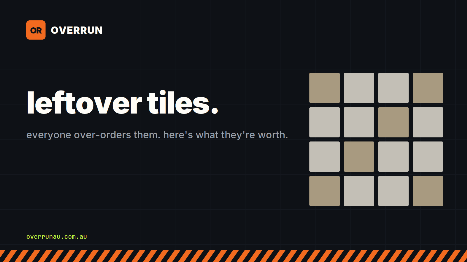 Overrun title card reading "leftover tiles - everyone over-orders them, here's what they're worth", beside a grid of tile swatches